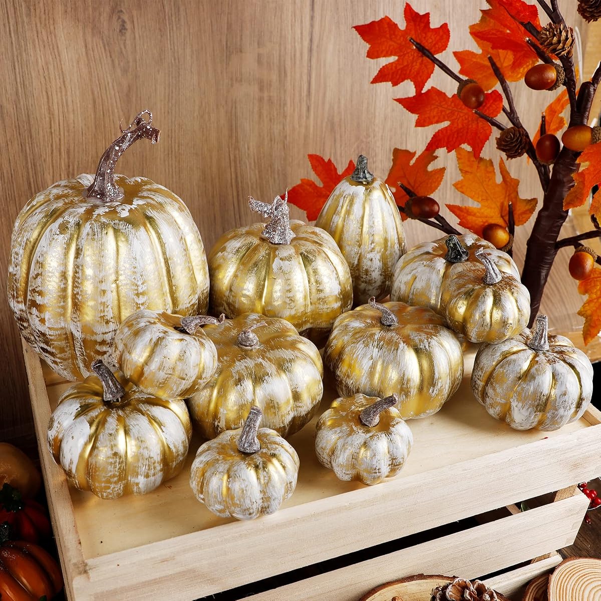 winemana 12 Pcs Pumpkin Fall Decorations, Golden Artificial Pumpkins - imagem de detalhe 5