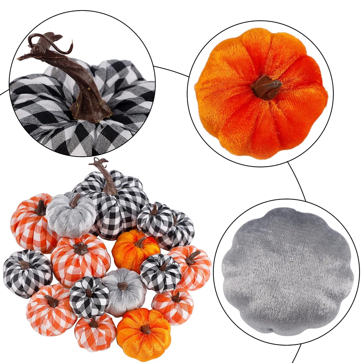 winemana 16 Pack Thanksgiving Decorations Artificial Pumpkins, Fabric Assorted Sizes Plaid Black White Orange Fall Decorations for Home Kitchen Table Indoor Friendsgiving Party Outdoor Yard - detail image 2