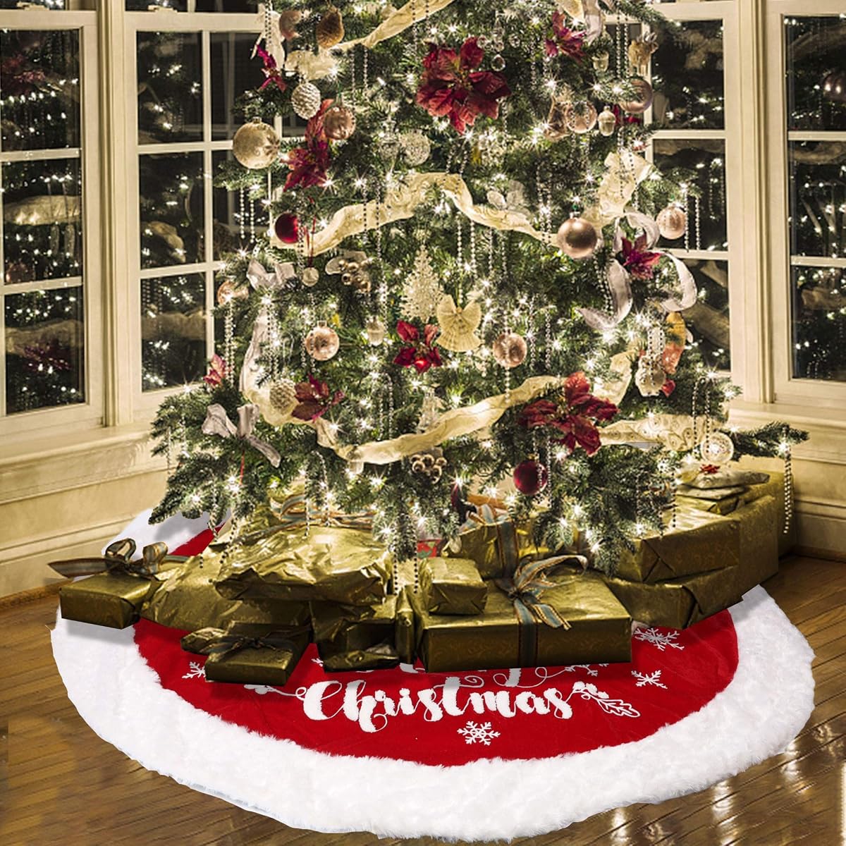 DR.DUDU 48 Inch Christmas Tree Plush Skirt Decoration for Merry Christmas Party Faux Fur Christmas Tree Skirt Decorations (Red 2) - imagen de detalle 3