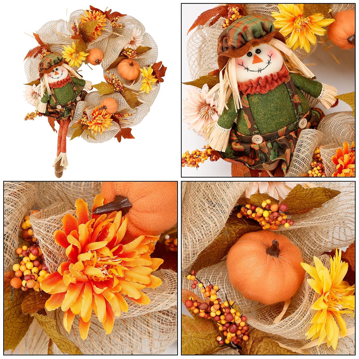 winemana 18 Inch Thanksgiving Wreath with Scarecrow Pumpkin Artificial Flowers Maple Leaves Berry, Front Door LED Lights Ribbon Wreath Fall Autumn Decorations for Indoor Outdoor - 细节图 2