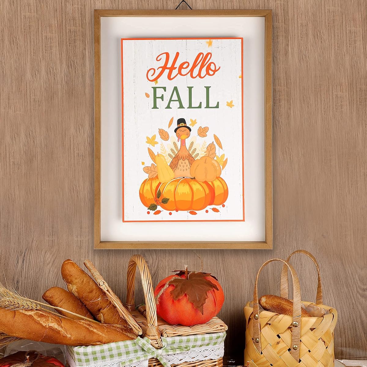 winemana Fall Wall Decor, Thanksgiving Decoration Hello Fall Sign, 15.4" x 11.4" Farmhouse Rustic Turkey Pumpkin Wooden Sign, Perfect for Porch Home Autumn Harvest Decor - imagem de detalhe 3