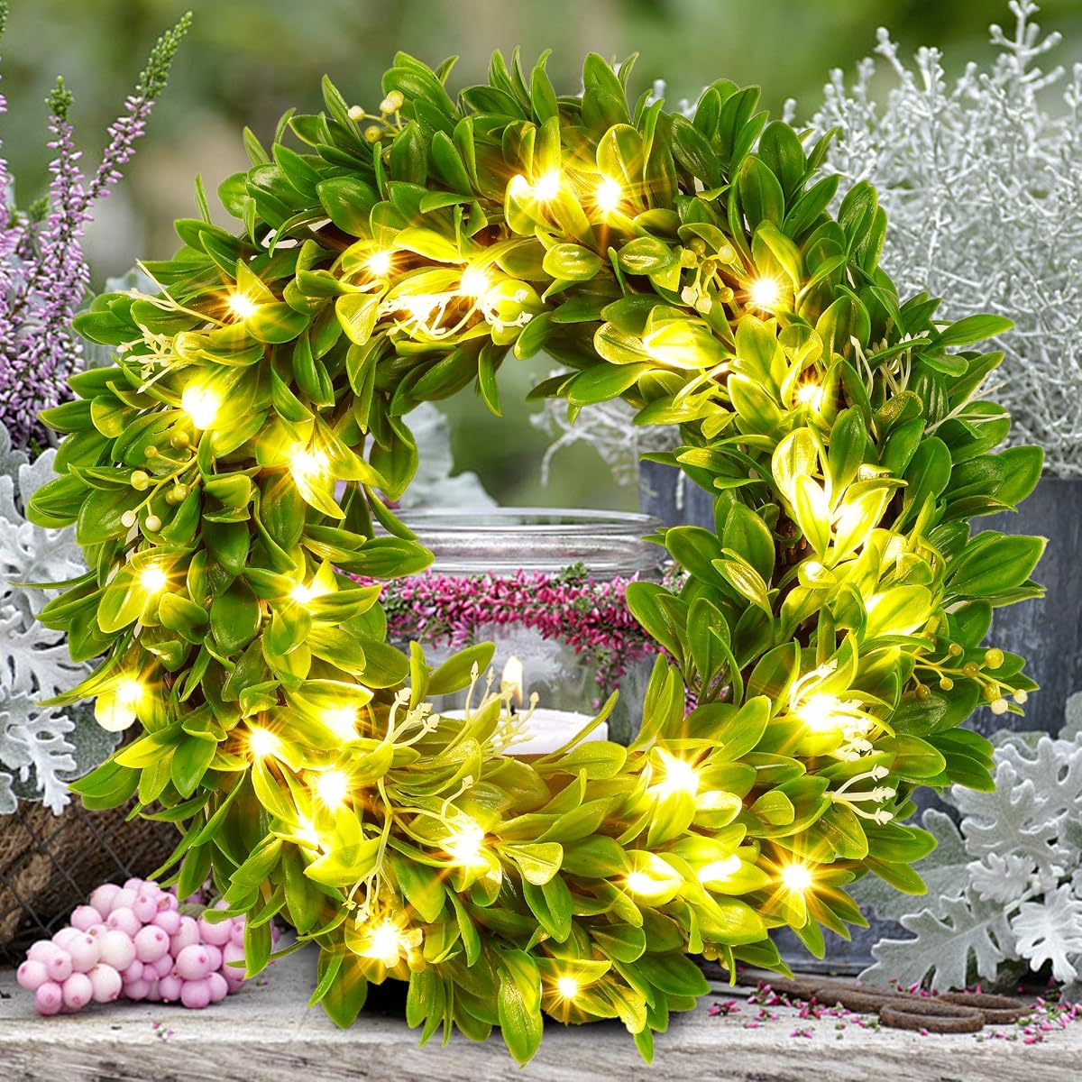 winemana 15" Spring Door Wreath, 30 LED Artificial Wreath for Front Door, Eucalyptus Wreaths Spring Decorations for Home Window Outdoor Decor (15") - imagen de detalle 5