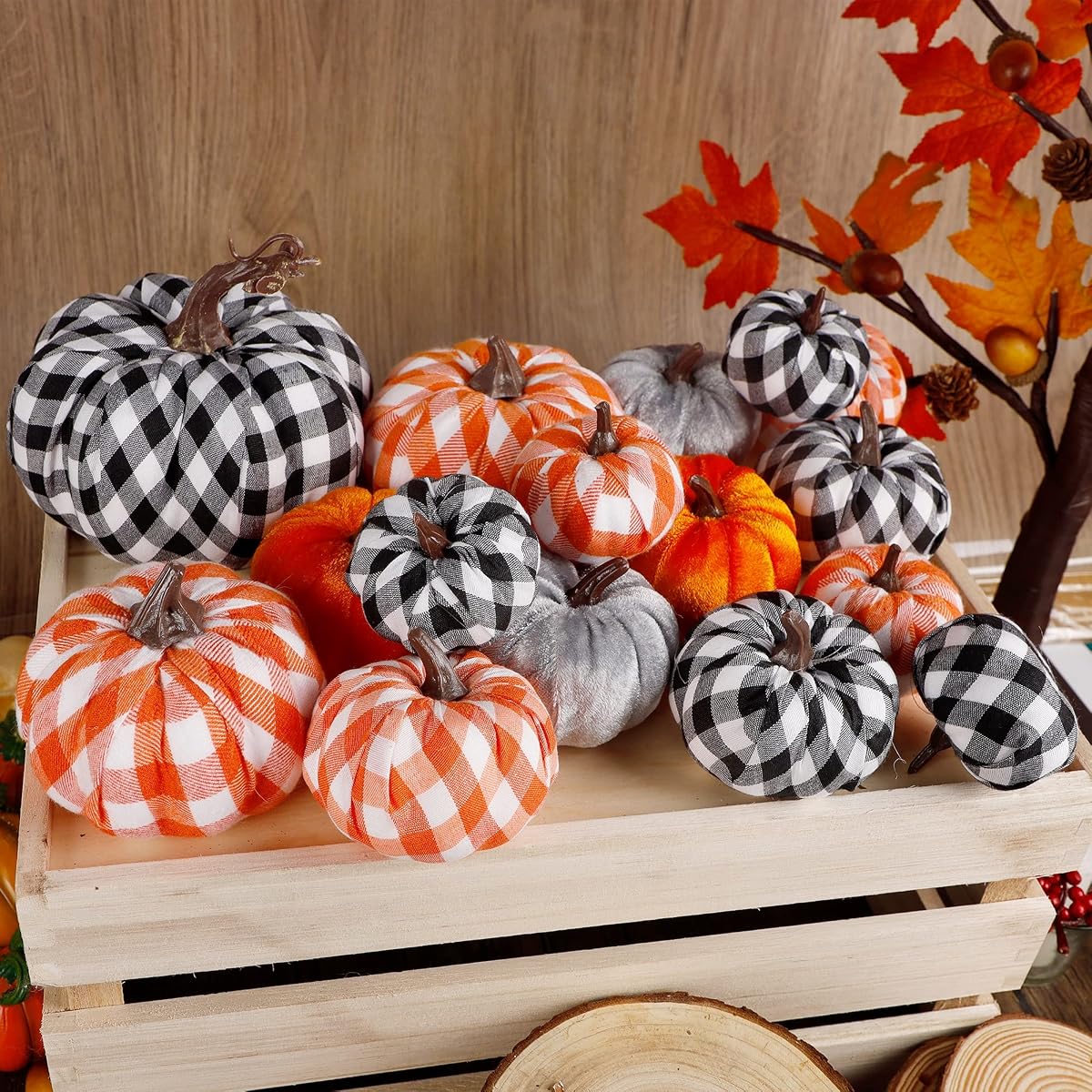 winemana 16 Pack Thanksgiving Decorations Artificial Pumpkins, Fabric Assorted Sizes Plaid Black White Orange Fall Decorations for Home Kitchen Table Indoor Friendsgiving Party Outdoor Yard - detail image 5