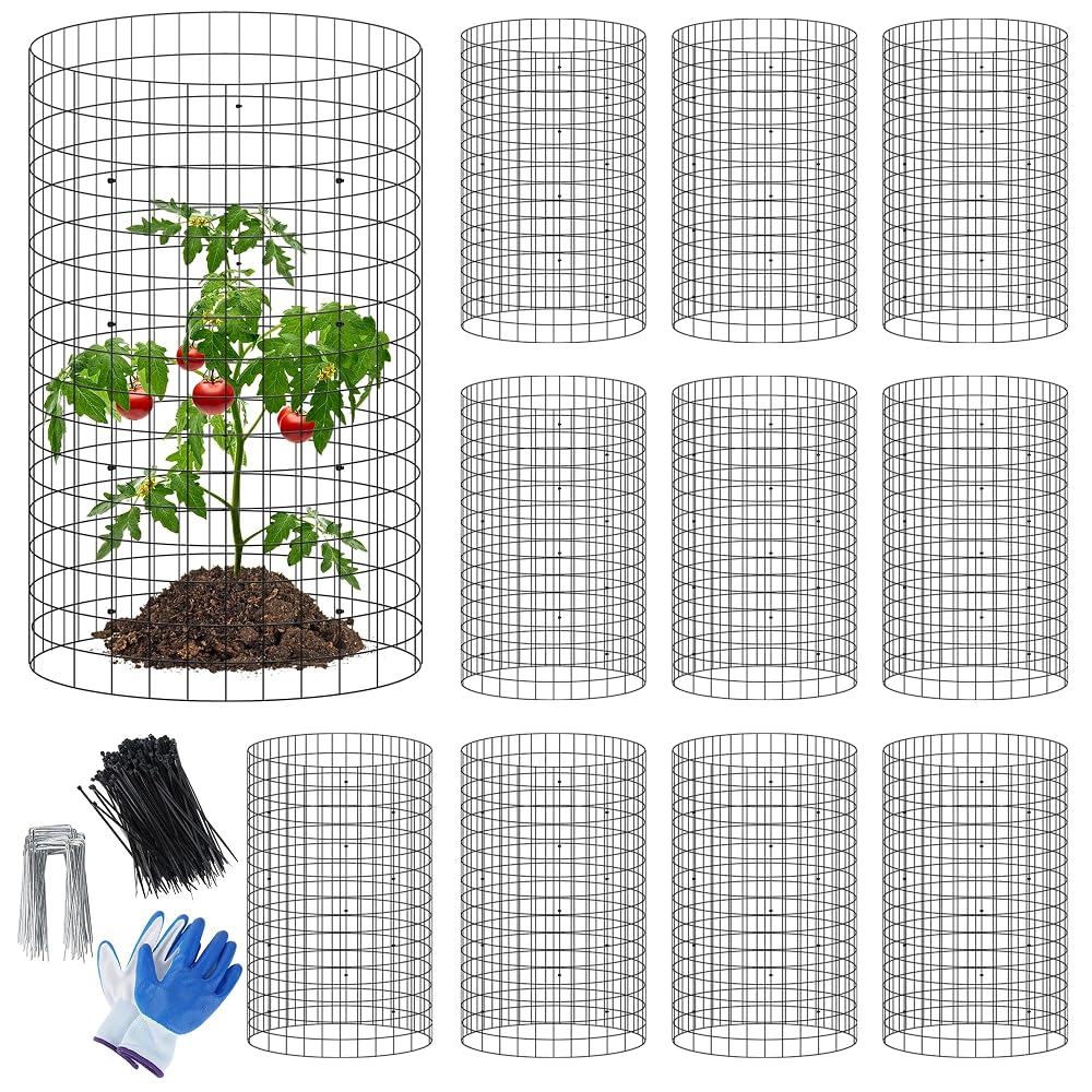 winemana 12 Set Garden Plant Protector Cage,36 Pcs 16x12 in Metal Wire Protectors for Plants Protection Cages with Stakes Ties Animals Barrier to Keep Rabbit Chicken Away from Flower Vegetables(Black)