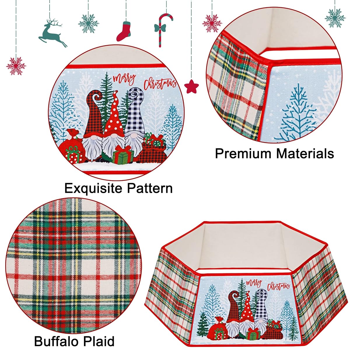 winemana Christmas Tree Collar, 31.5 Inch Buffalo Plaid Christmas Tree Skirt with Santa Claus Gnome Pattern, Merry Christmas Party Ornaments Holiday Home Decorations - 细节图 2