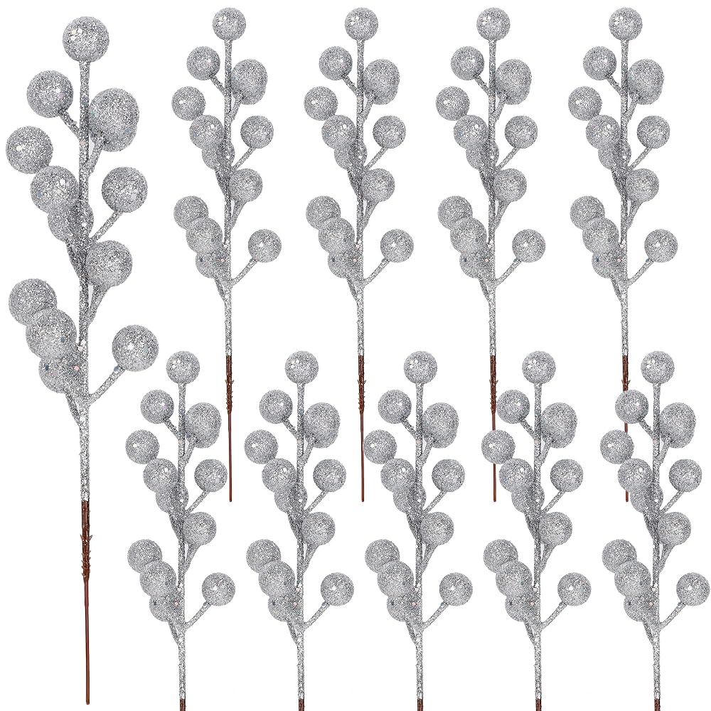 winemana 24 Pack 8 Inch Christmas Glitter Faux Winter Berry Sprigs, Artificial Sparking Red Berries Ornaments for Christmas Tree DIY Crafts Wreath Garland Decor (Silvery)