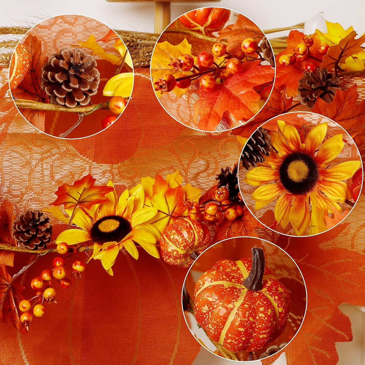 winemana Fall Maple Leaves Garland 50 LED Lights Thanksgiving & Friendsgiving Decorations, 6 Ft Hanging Vine Artificial Sunflower Pumpkin Decor for Fireplace Home Doorway Party Indoor Outdoor - imagen de detalle 2