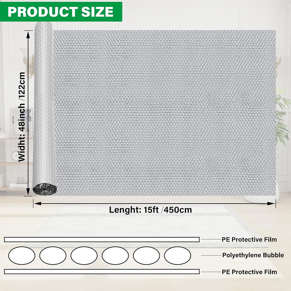 winemana Window Insulation Roll, 48IN x 15FT Reflective Heat Shield Bubble Film, Double-Sided Aluminum Foil Insulation, Weatherproof Garage Door Cover for Windows, RV, Basement, Winter & Summer - imagem de detalhe 2