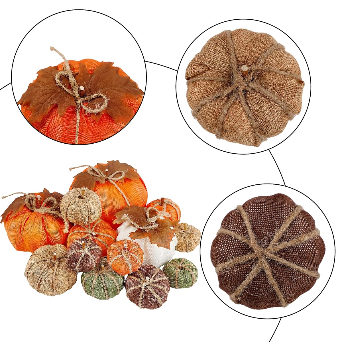 winemana Thanksgiving Decorations Artificial Pumpkins, Set of 12 Mixed Sizes Burlap Pumpkin with Leaves, Harvest Holiday Party Indoor Home Kitchen Props - 细节图 2