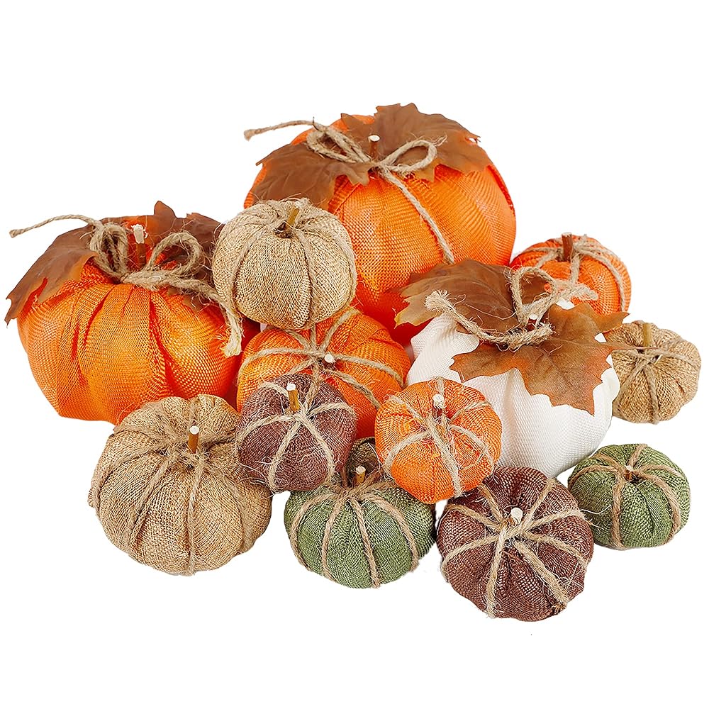 winemana Thanksgiving Decorations Artificial Pumpkins, Set of 12 Mixed Sizes Burlap Pumpkin with Leaves, Harvest Holiday Party Indoor Home Kitchen Props