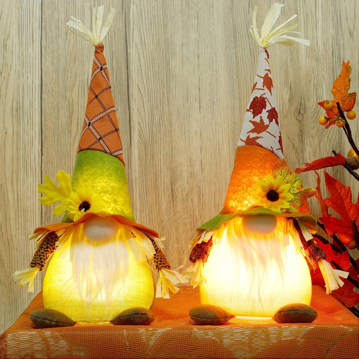 winemana Thanksgiving Decorations Set of 2 Gnomes with LED Lights, Swedish Tomte Gnomes Dwarf Tabletop Decor for Fall Harvest Home Kitchen Decor - detail image 4
