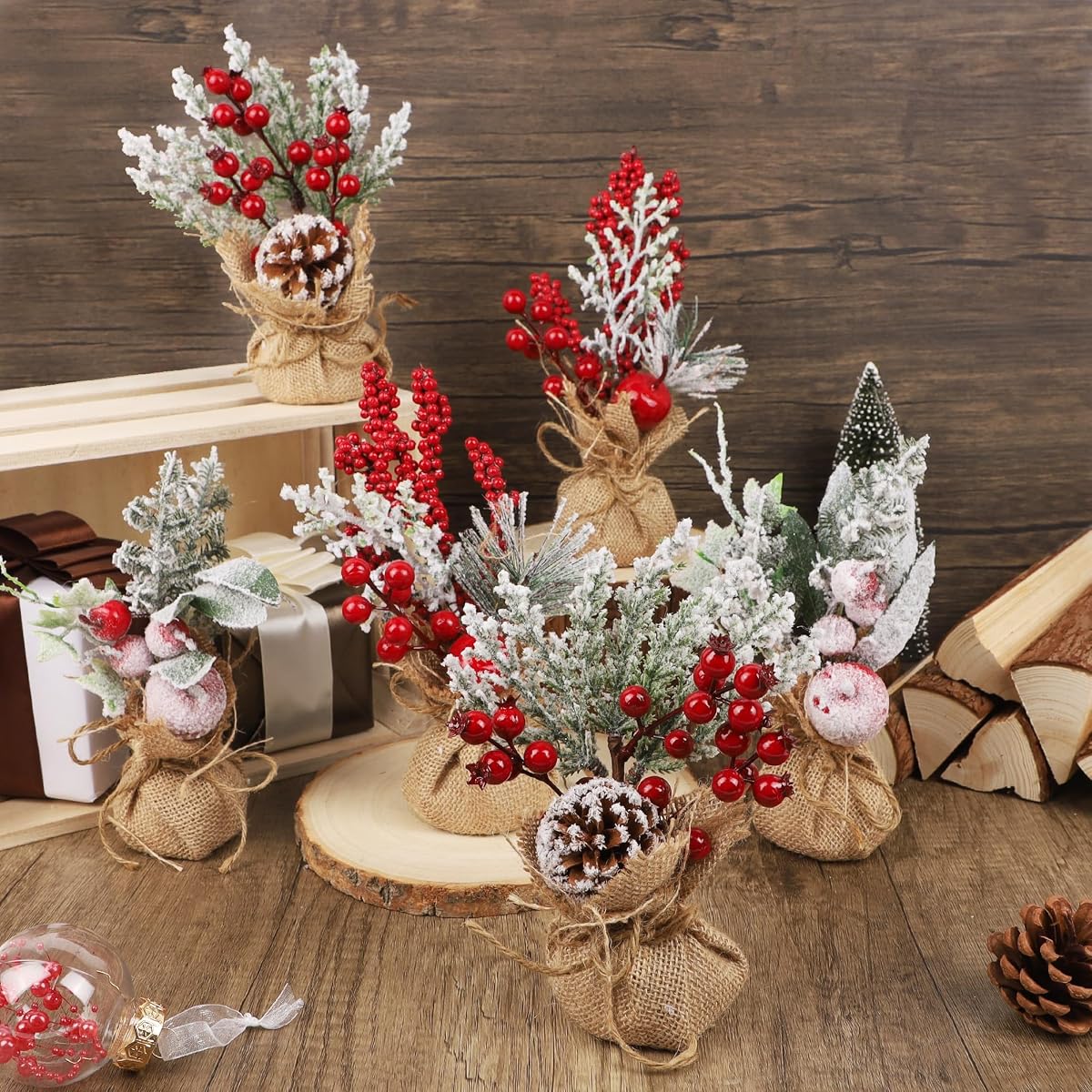 winemana 6 Pcs Mini Christmas Tree Table Decorations, 9" Small Artificial Trees with Red Berries Pine Cone Tabletop Centerpiece for Home Office Room Holiday Decorations - imagen de detalle 6