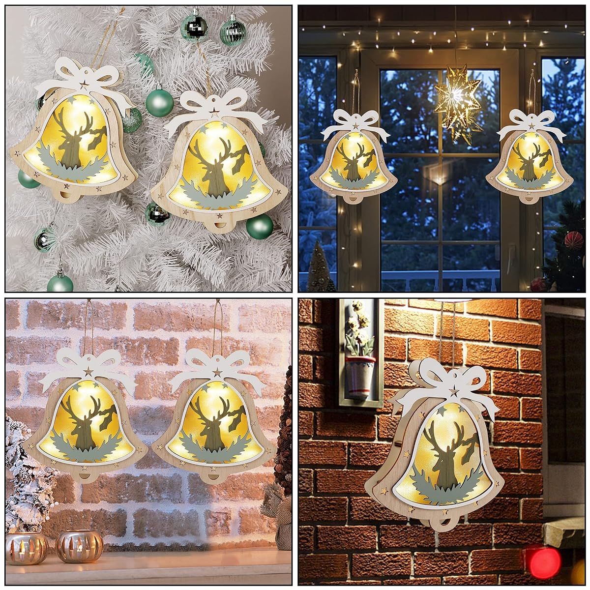 winemana 2 Pack Christmas Jingle Bell Ornaments, 8" x 7.5" Christmas Wall Decor Lighted Jingle Bells with Reindeer, Perfect Decoration for Christmas Tree Home Wall Door Xmas Party - imagem de detalhe 4