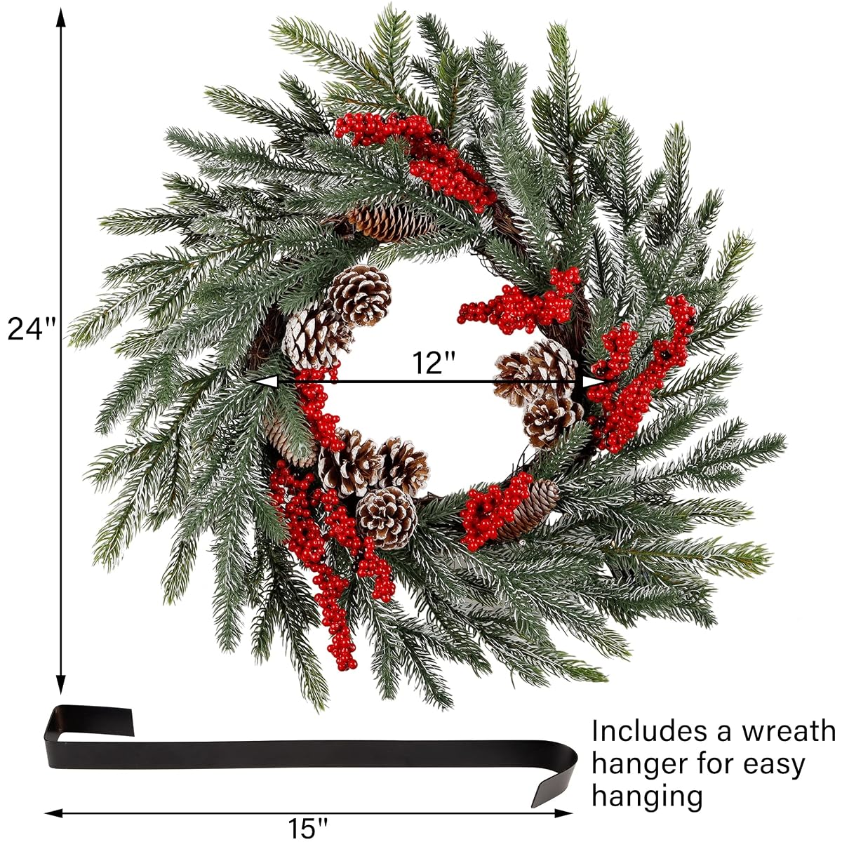 winemana 24 Inch Pre-Lit Christmas Wreath with Hanger, Timer, Pine Cone and Red Berries, Battery-Operated 20 LED Lighted Artificial Wreath Decoration for Front Door Mantel Xmas Party - imagem de detalhe 1