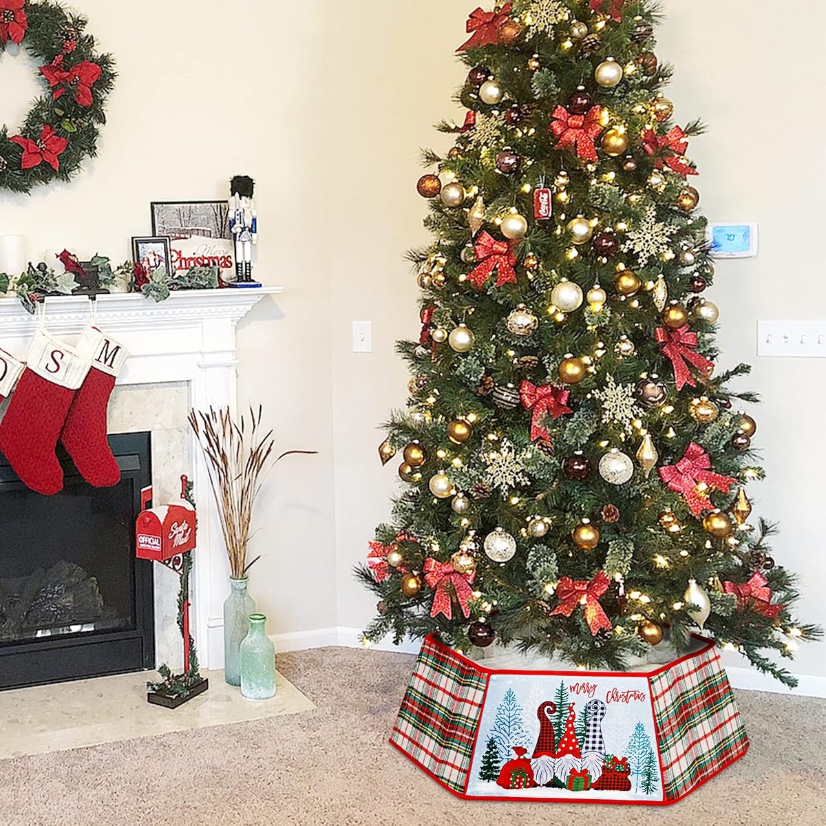 winemana Christmas Tree Collar, 31.5 Inch Buffalo Plaid Christmas Tree Skirt with Santa Claus Gnome Pattern, Merry Christmas Party Ornaments Holiday Home Decorations - 细节图 3