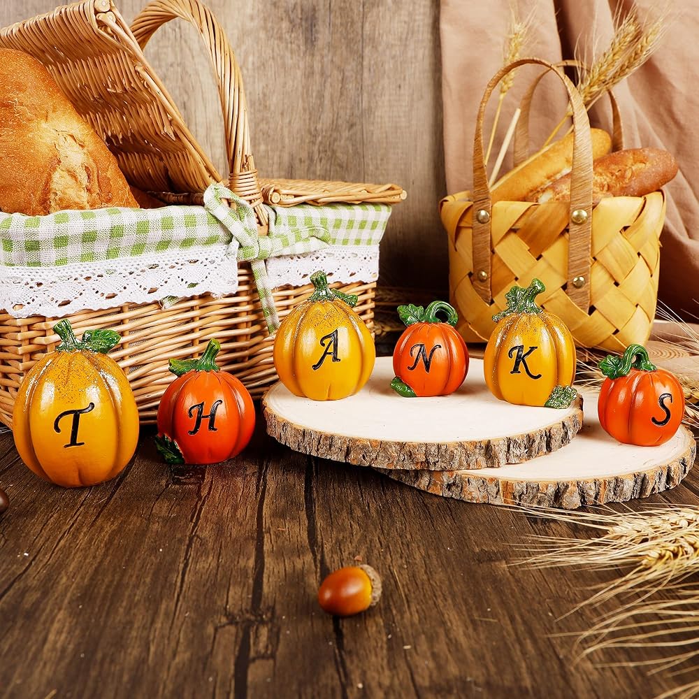 winemana Thanksgiving Pumpkins Set of 6, Fall Decor Resin Pumpkin, Thanks Tabletop Centerpieces Tiered Tray Decorations for Home Table Kitchen Office (Yellow)