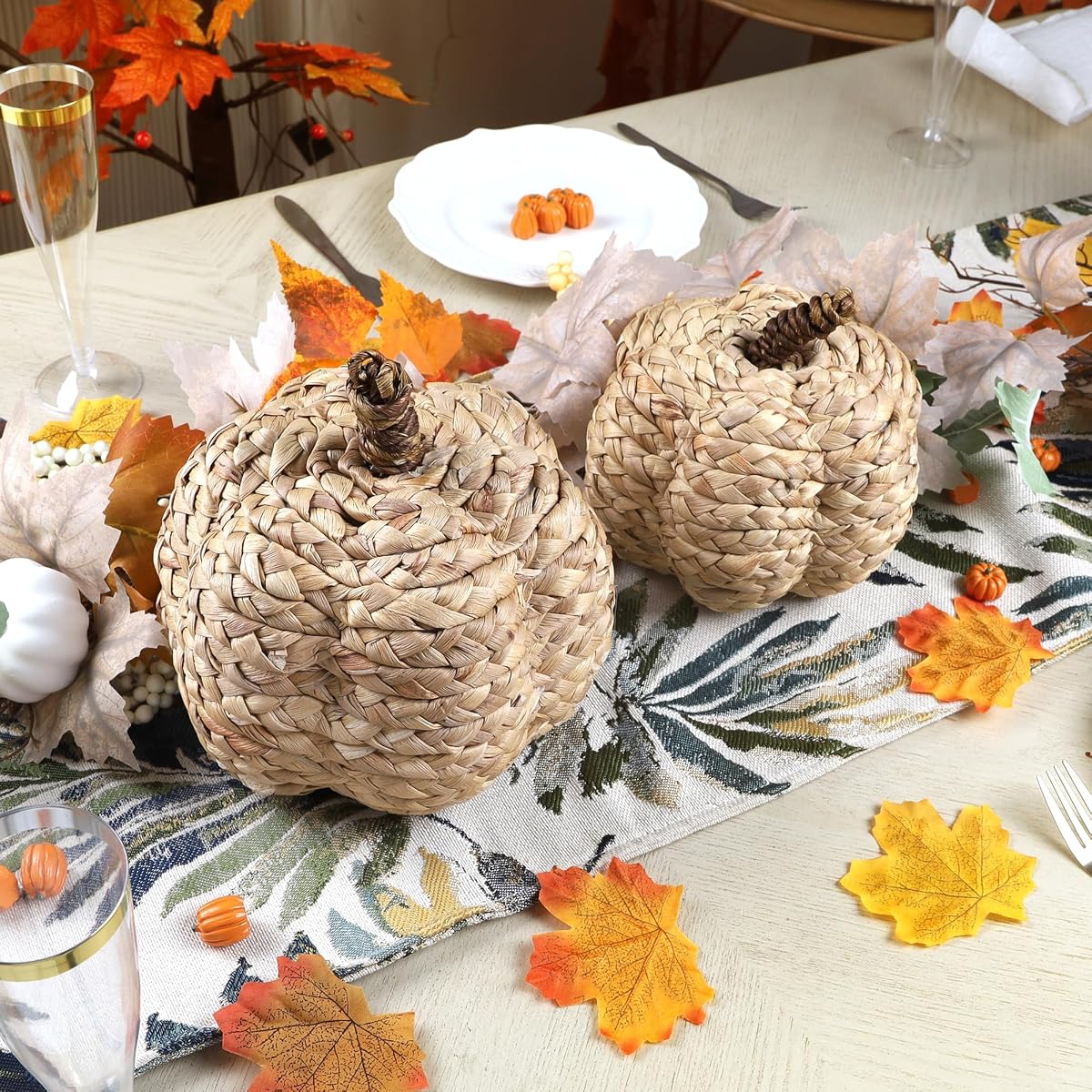 winemana 2 Pack Pumpkin Fall Decor, Woven Wicker Pumpkins for Home, Beige - imagen de detalle 5