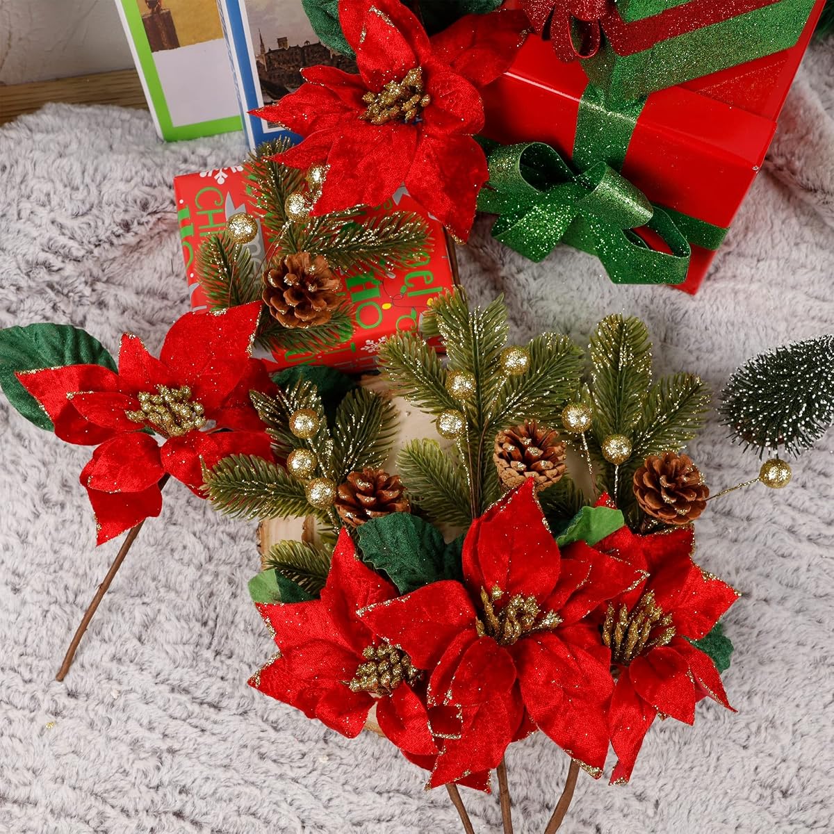 winemana 6 Pack 13.8'' Christmas Elegant Faux Evergreen Sprigs + Gold Globe & Red Flower Ornaments + Pine Cone + Green Poinsettia Leaf + Flowers in Clever Pine Cone Shape - 细节图 3