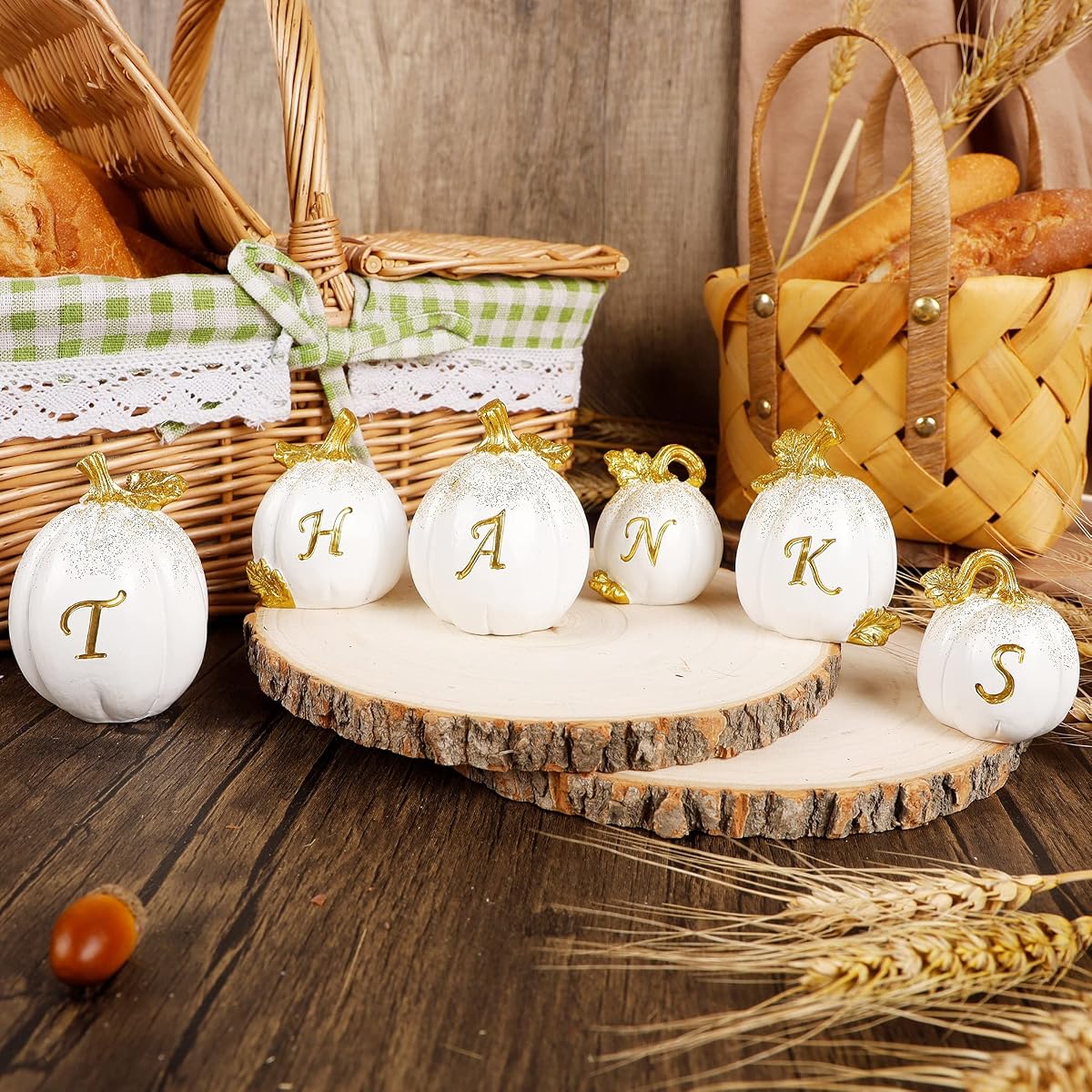 winemana Thanksgiving Pumpkins Set of 6, Fall Decor Resin Pumpkin, Thanks Tabletop Centerpieces Tiered Tray Decorations for Home Table Kitchen Office (White) - imagem de detalhe 5