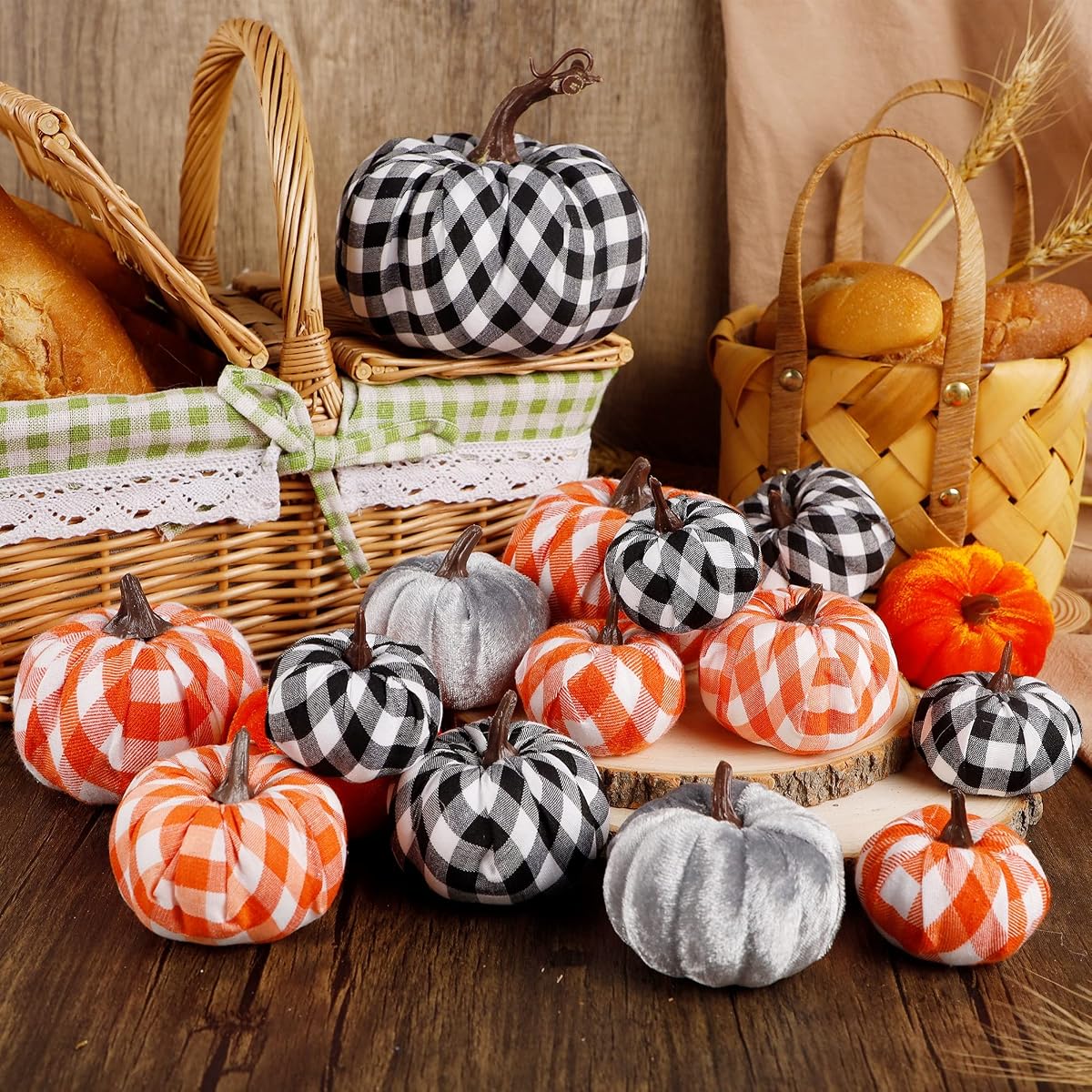 winemana 16 Pack Thanksgiving Decorations Artificial Pumpkins, Fabric Assorted Sizes Plaid Black White Orange Fall Decorations for Home Kitchen Table Indoor Friendsgiving Party Outdoor Yard - detail image 3