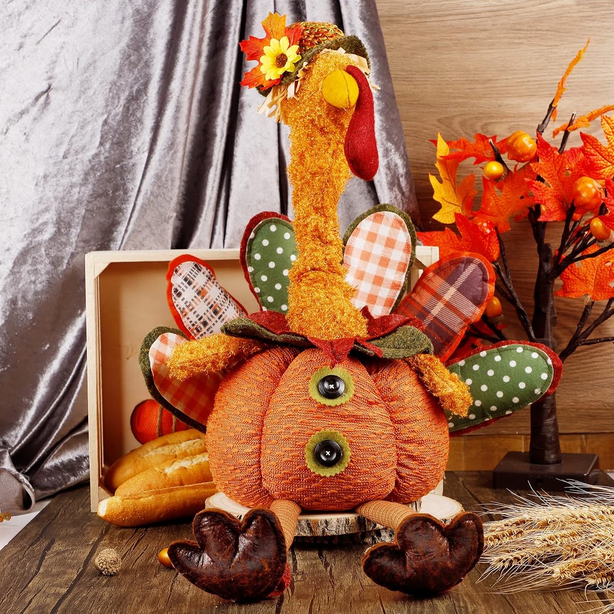 winemana Thanksgiving Tabletop Decorations 31.5" x 18.5" Turkey with Stretchable Head and Dangling Legs, Harvest Plush Turkey for Home Fall Decor (Hen) - imagen de detalle 6