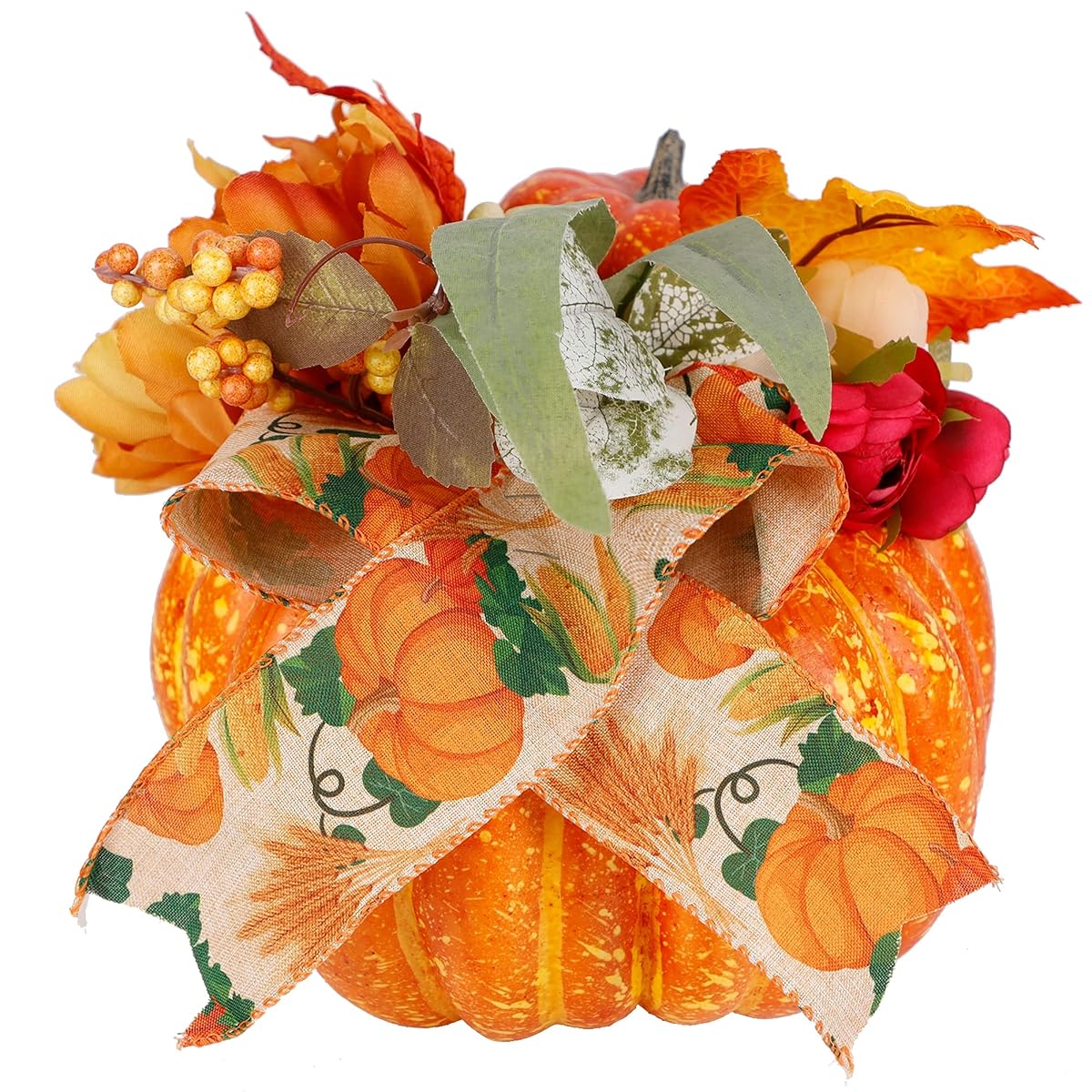 winemana Thanksgiving Pumpkin Decorations with 50 LED Lights and Artificial Flower Ribbon for Autumn Fall Harvest Décor Home Table Kitchen Indoor - imagen de detalle 1