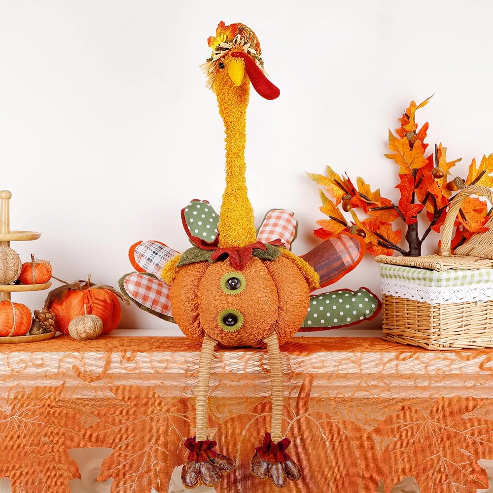 winemana Thanksgiving Tabletop Decorations 31.5" x 18.5" Turkey with Stretchable Head and Dangling Legs, Harvest Plush Turkey for Home Fall Decor (Hen)