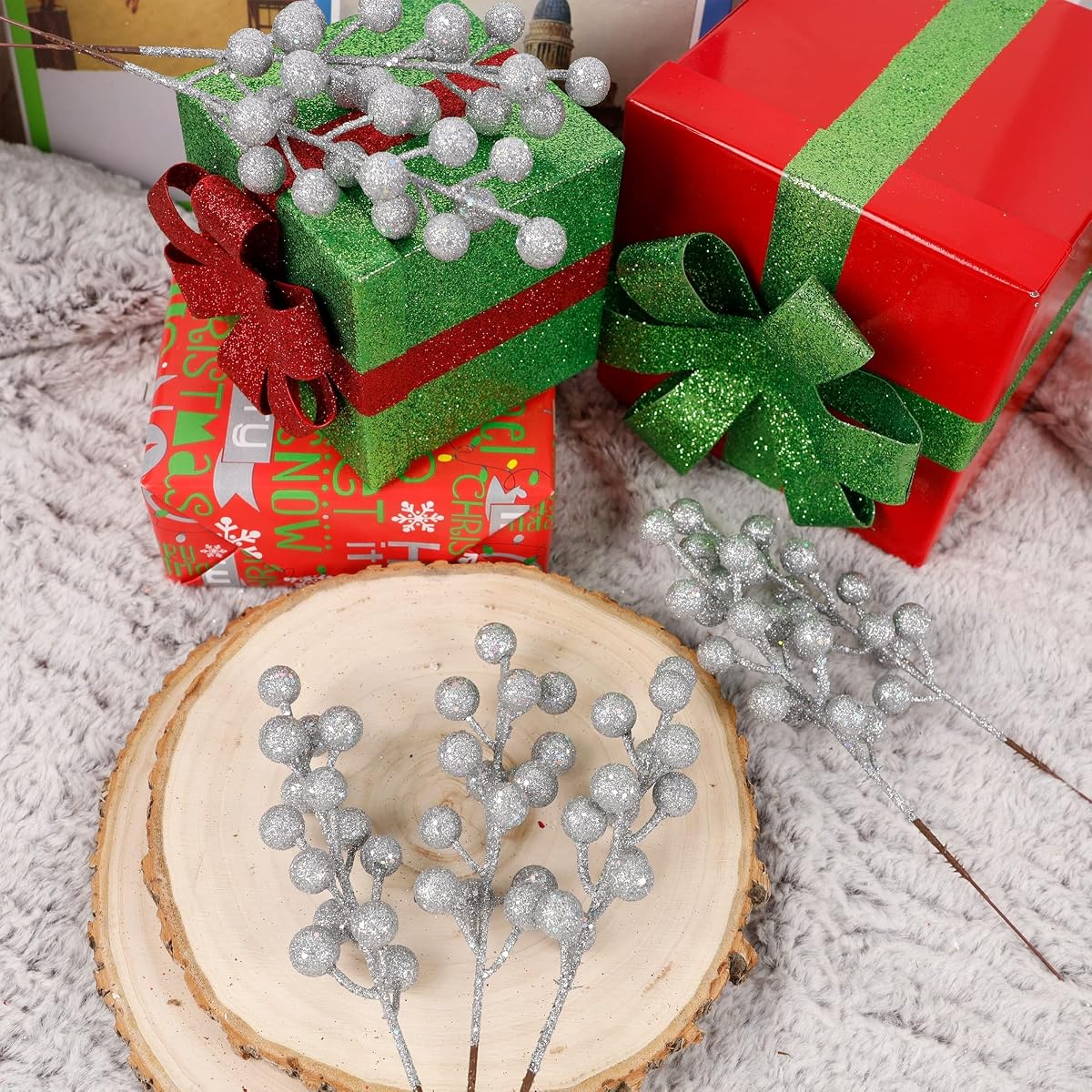 winemana 24 Pack 8 Inch Christmas Glitter Faux Winter Berry Sprigs, Artificial Sparking Red Berries Ornaments for Christmas Tree DIY Crafts Wreath Garland Decor (Silvery) - imagem de detalhe 3