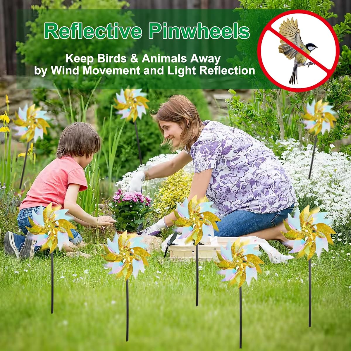 winemana 12 Pcs Reflective Pinwheels Outdoor, Wind Spinners for Yard & Garden, Sparkly Bird Repellent Windmill Scare Birds Away, Deterrent Devices for Outside Patio Lawn Spring Decor (Yellow) - imagem de detalhe 1
