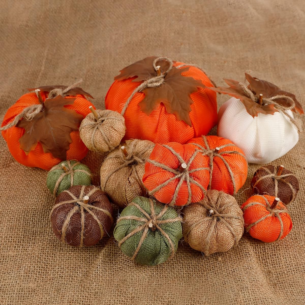 winemana Thanksgiving Decorations Artificial Pumpkins, Set of 12 Mixed Sizes Burlap Pumpkin with Leaves, Harvest Holiday Party Indoor Home Kitchen Props - 细节图 6