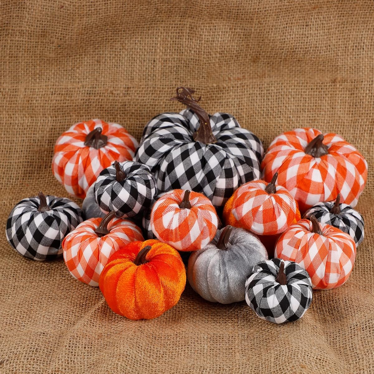 winemana 16 Pack Thanksgiving Decorations Artificial Pumpkins, Fabric Assorted Sizes Plaid Black White Orange Fall Decorations for Home Kitchen Table Indoor Friendsgiving Party Outdoor Yard - detail image 6