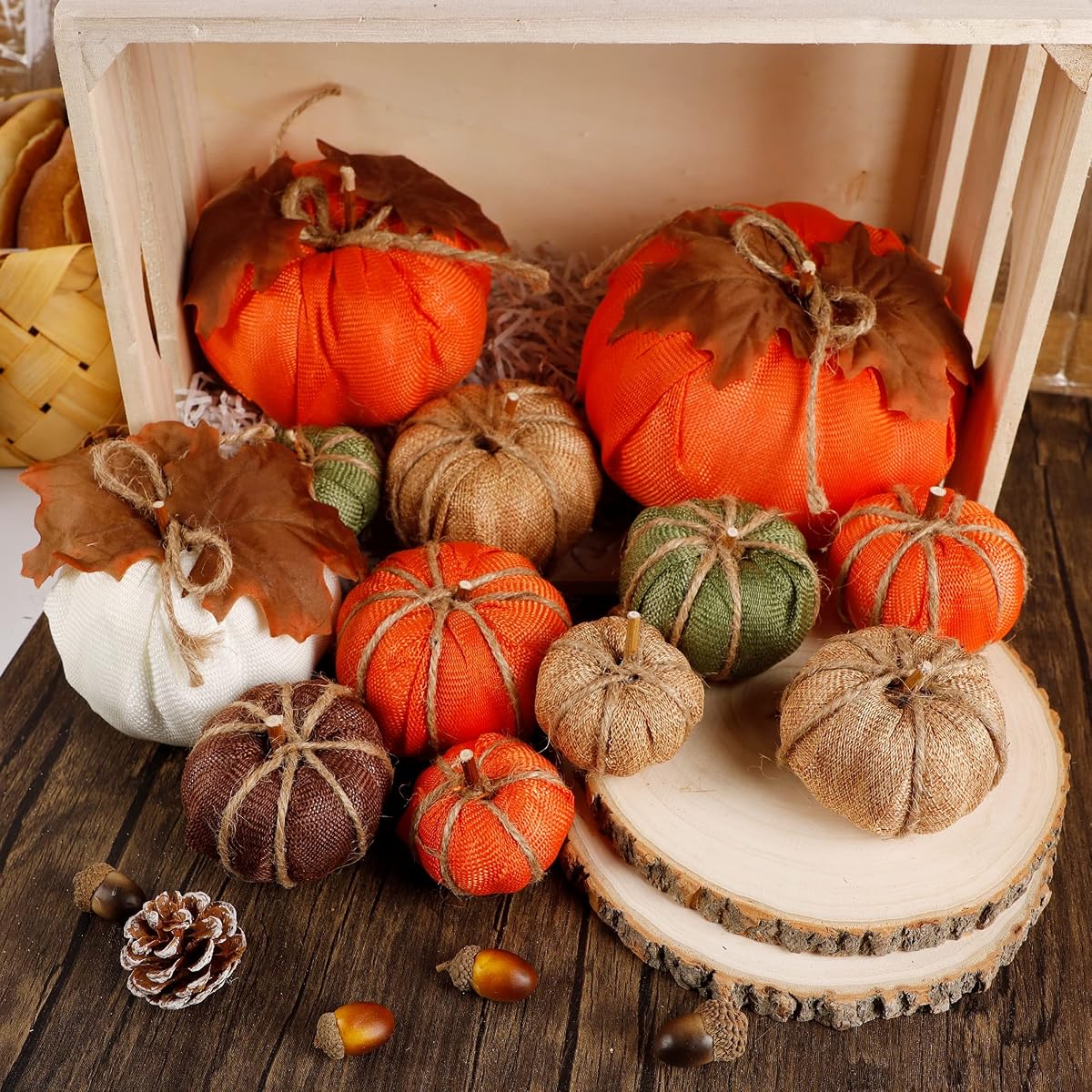 winemana Thanksgiving Decorations Artificial Pumpkins, Set of 12 Mixed Sizes Burlap Pumpkin with Leaves, Harvest Holiday Party Indoor Home Kitchen Props - 细节图 3
