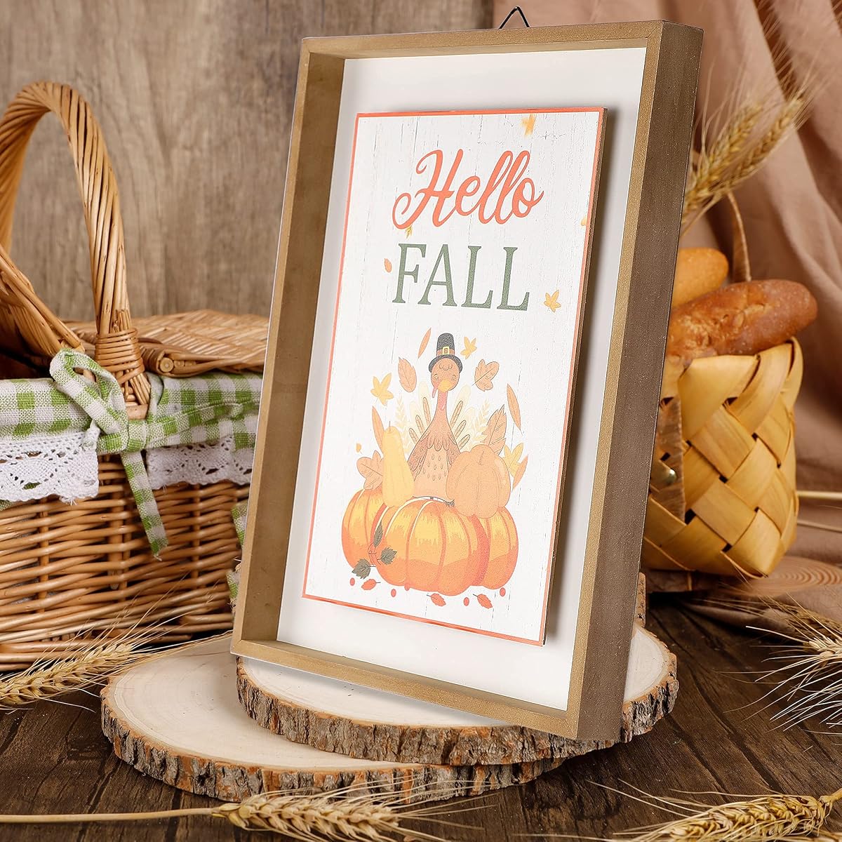 winemana Fall Wall Decor, Thanksgiving Decoration Hello Fall Sign, 15.4" x 11.4" Farmhouse Rustic Turkey Pumpkin Wooden Sign, Perfect for Porch Home Autumn Harvest Decor - imagem de detalhe 4