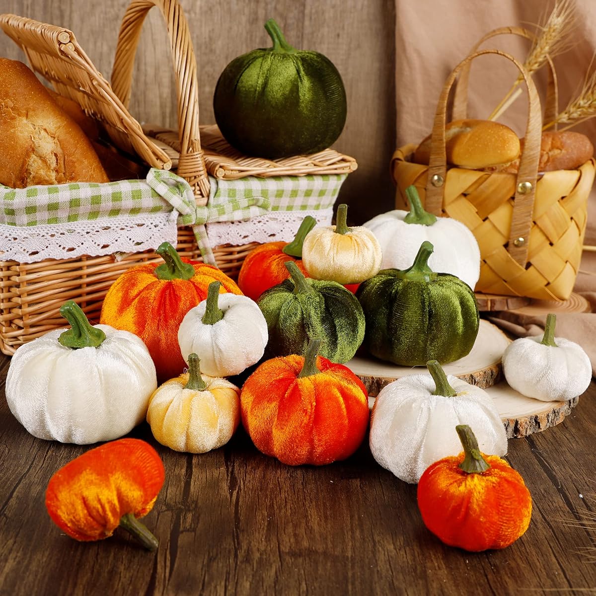 winemana Thanksgiving Artificial Pumpkins Set of 15 Mini Faux Pumpkin Velvet Assorted Sizes Fall Harvest Décor for Home Indoor Table Photo Props - detail image 3