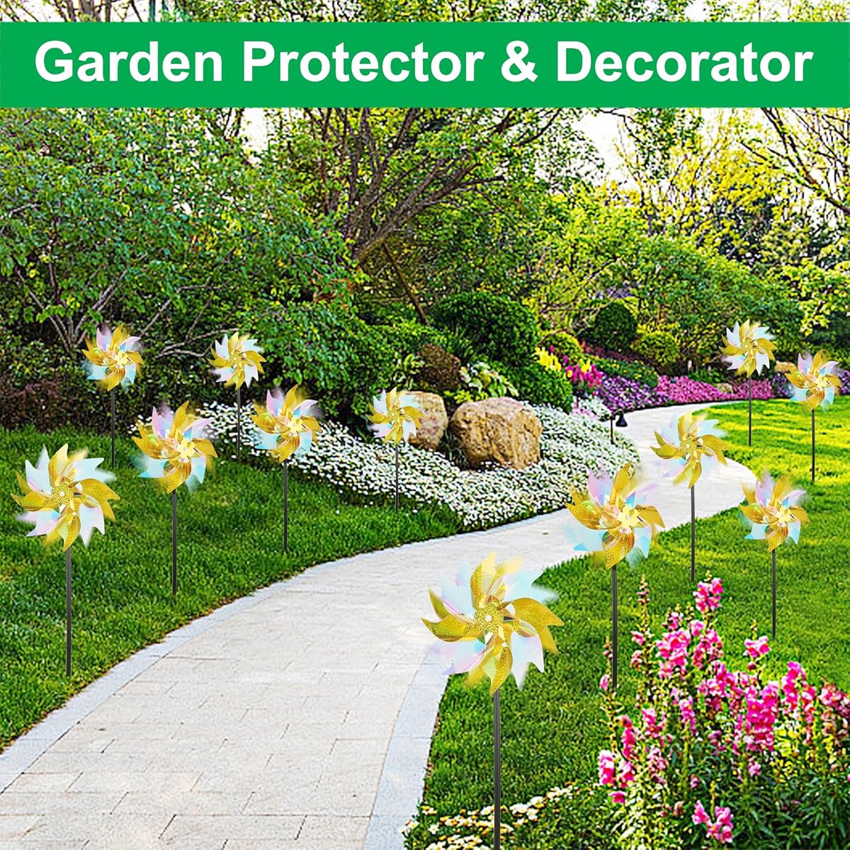winemana 12 Pcs Reflective Pinwheels Outdoor, Wind Spinners for Yard & Garden, Sparkly Bird Repellent Windmill Scare Birds Away, Deterrent Devices for Outside Patio Lawn Spring Decor (Yellow) - imagem de detalhe 6