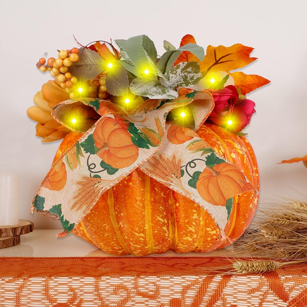 winemana Thanksgiving Pumpkin Decorations with 50 LED Lights and Artificial Flower Ribbon for Autumn Fall Harvest Décor Home Table Kitchen Indoor