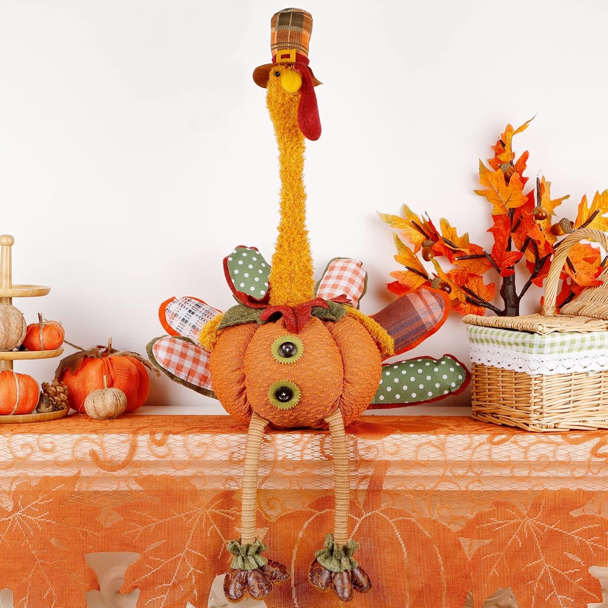 winemana Thanksgiving Decorations 31.5" Large Plush Turkey with Stretchable Neck - Stuffed Animal Indoor Decor, Adjustable Fall Table Centerpiece for Home Mantel Office - imagen de detalle 6