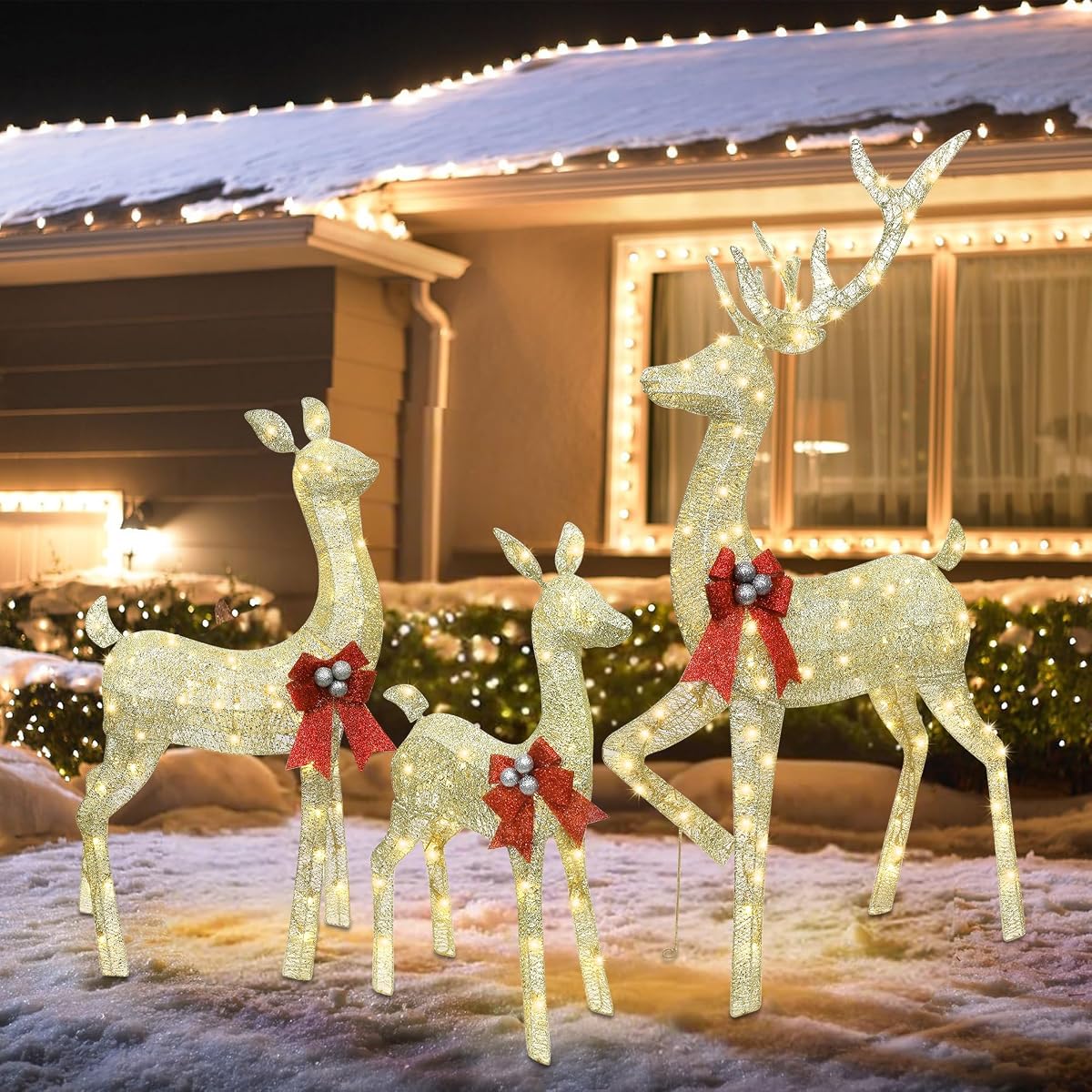 winemana 5ft Reindeer Christmas Outdoor Decorations, Set of 3 Extra Large Deer Yard Decor- Lighted 3D Reindeer Family Set for Outside Lawn Garden Xmas Holiday Party Decor (Gold) - detail image 5