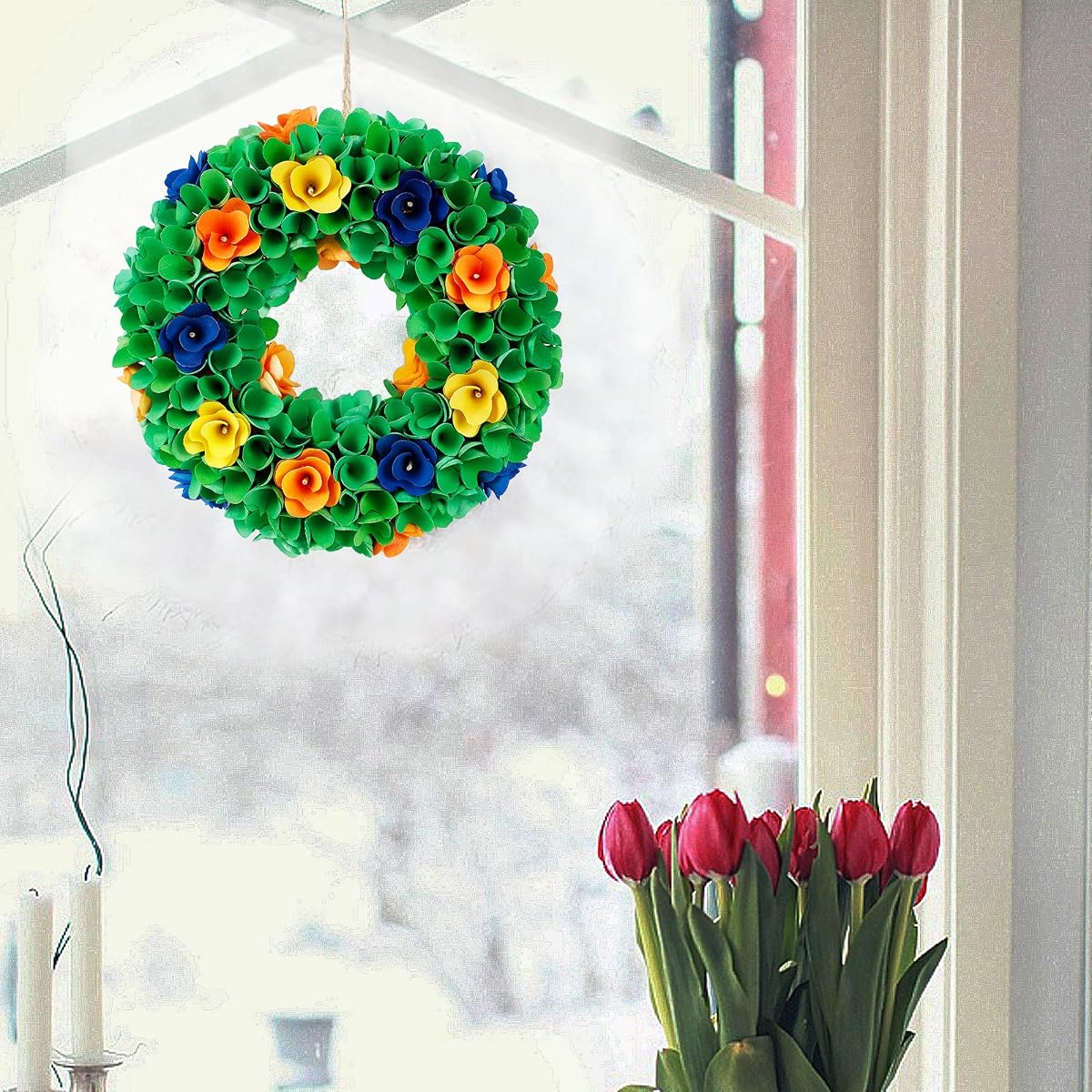 winemana Spring Wreath, Made of Piece of Wood, 13in Artificial Wreath with Leaves and Colorful Flower, for Front Door, Windows, Walls, Corridors - imagem de detalhe 4