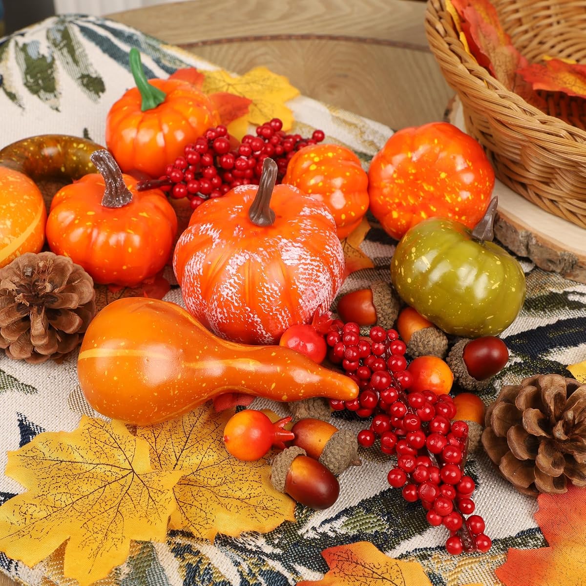 winemana 57pcs Fall Decorations for Home - Small Pumpkins for Decorating with Fake Leaves, Gourds & Pinecones -Thanksgiving Decor for Table Centerpiece Indoor Room Autumn Harvest Decor - detail image 4