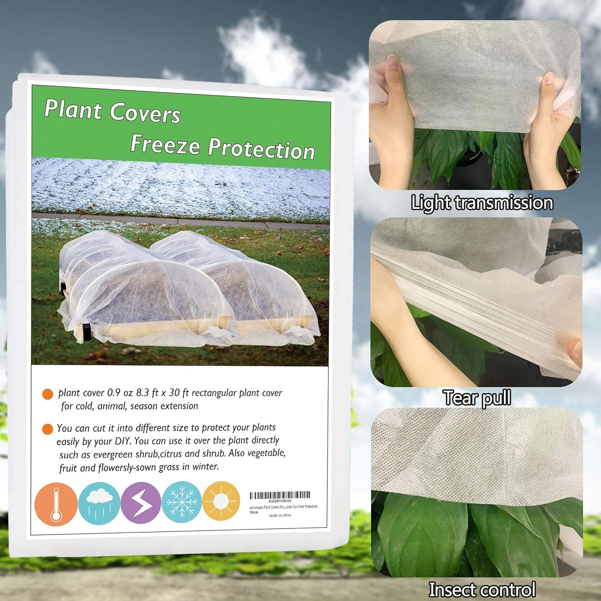 winemana Winter Plant Covers Freeze Protector, 0.9 oz 8 x 30 FT Reusable Frost Blanket Antifreeze Cover Plant Protective Layer for Winter Cold Weather Animals - detail image 5