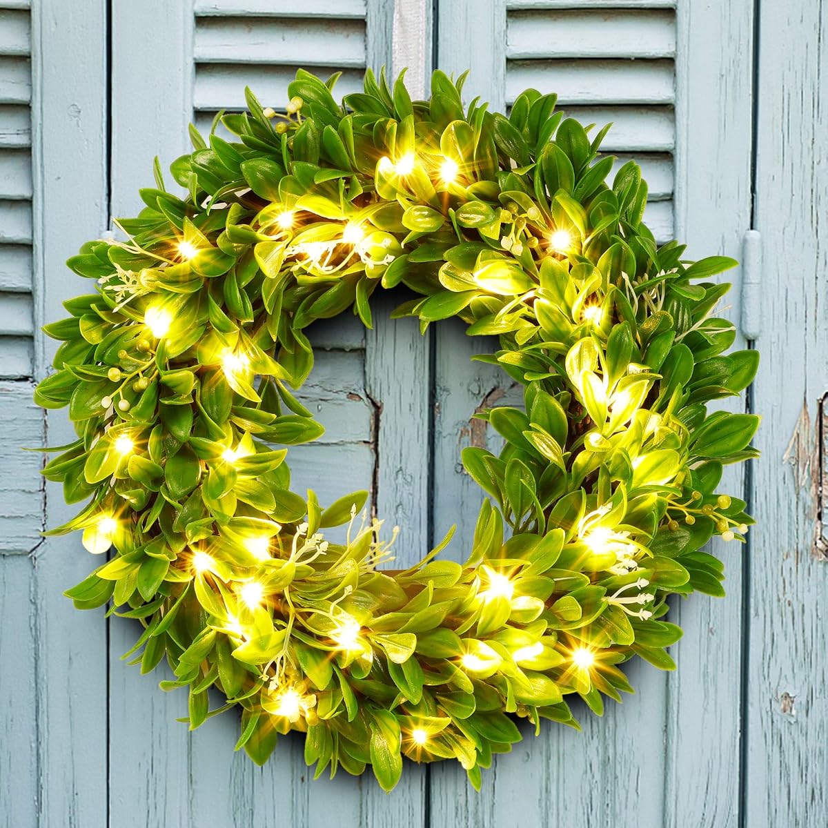 winemana 15" Spring Door Wreath, 30 LED Artificial Wreath for Front Door, Eucalyptus Wreaths Spring Decorations for Home Window Outdoor Decor (15") - imagen de detalle 4