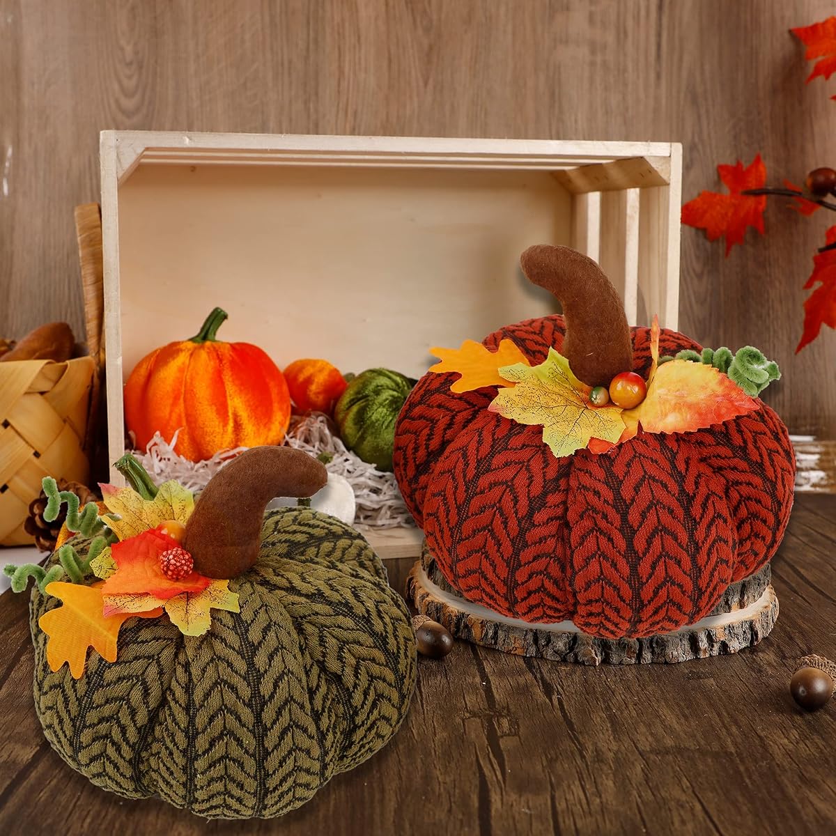 winemana Thanksgiving Decorations 2 Pack Artificial Pumpkins, Knit Wool Pumpkin Large Tabletop Centerpieces for Autumn Fall Home Kitchen Office - imagen de detalle 6