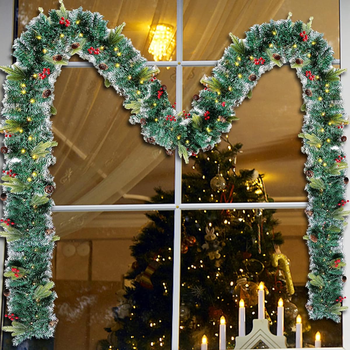 DR.DUDU 60 LED Christmas Garland,9 Foot Artificial Christmas Garland with Lights, Ind Covered by Snowflake for Christmas Party Decoration Outdoor Garden Gate Home Winter Holiday New Year - imagem de detalhe 1