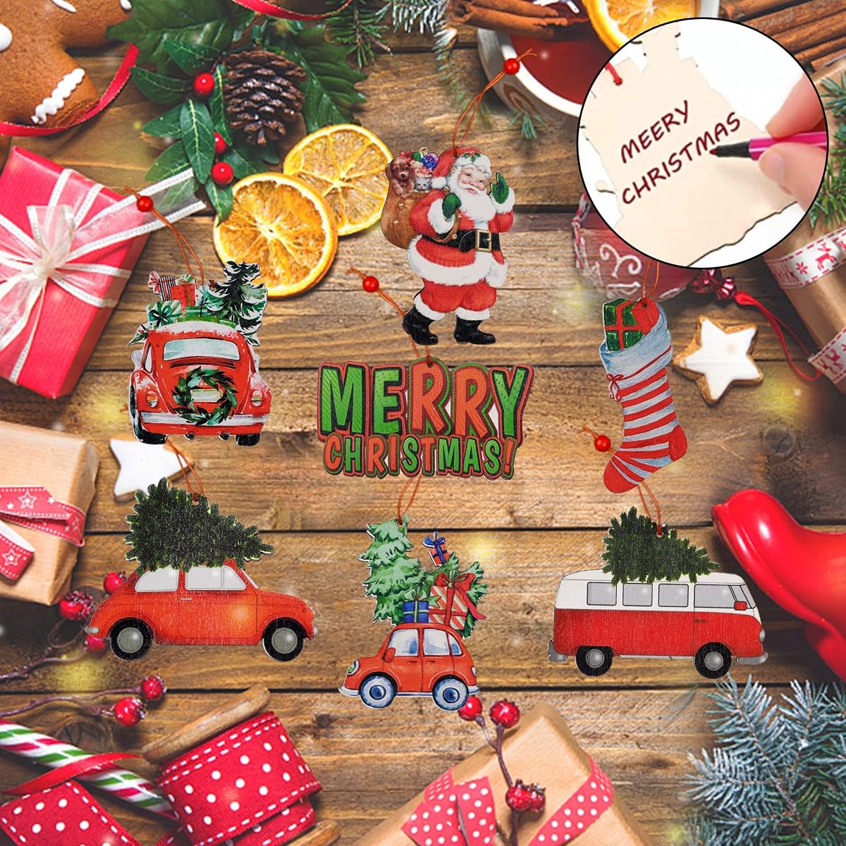 winemana Christmas Tree Ornaments Red Truck, 12 Pcs Hanging Wooden Ornament Set, Santa Claus Merry Christmas Car Vintage Crafts for Xmas Tree Garland Decorations - imagem de detalhe 3