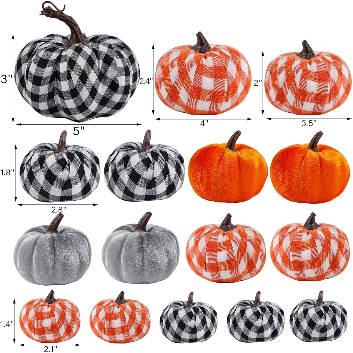 winemana 16 Pack Thanksgiving Decorations Artificial Pumpkins, Fabric Assorted Sizes Plaid Black White Orange Fall Decorations for Home Kitchen Table Indoor Friendsgiving Party Outdoor Yard - detail image 1