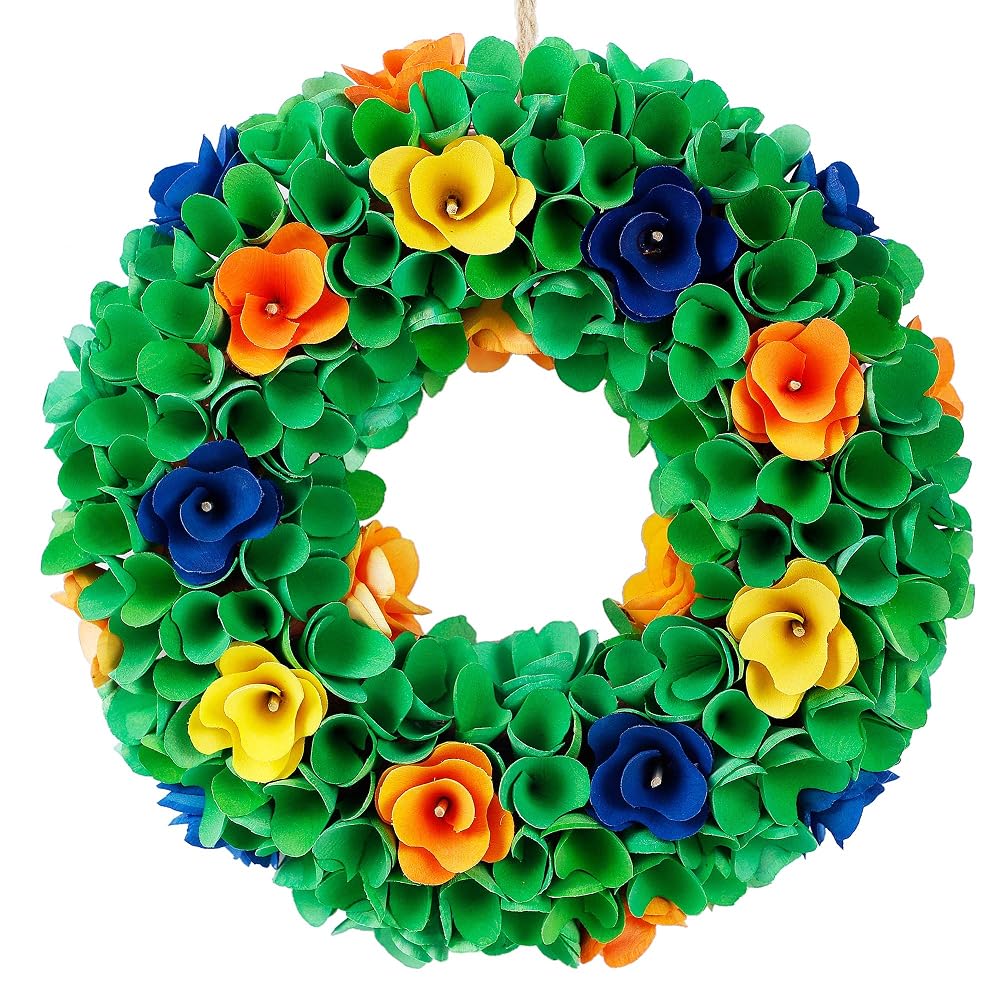 winemana Spring Wreath, Made of Piece of Wood, 13in Artificial Wreath with Leaves and Colorful Flower, for Front Door, Windows, Walls, Corridors