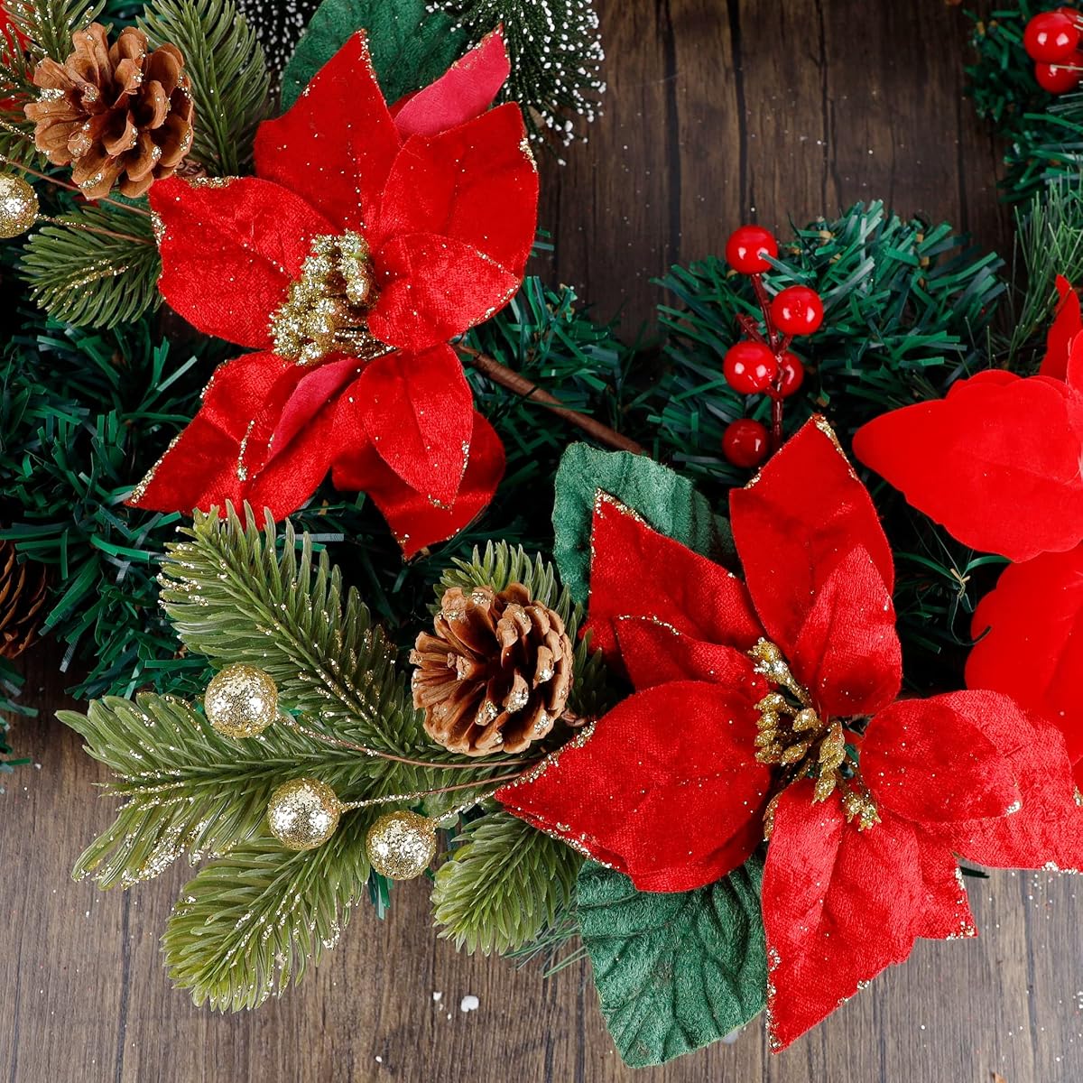 winemana 6 Pack 13.8'' Christmas Elegant Faux Evergreen Sprigs + Gold Globe & Red Flower Ornaments + Pine Cone + Green Poinsettia Leaf + Flowers in Clever Pine Cone Shape - 细节图 5