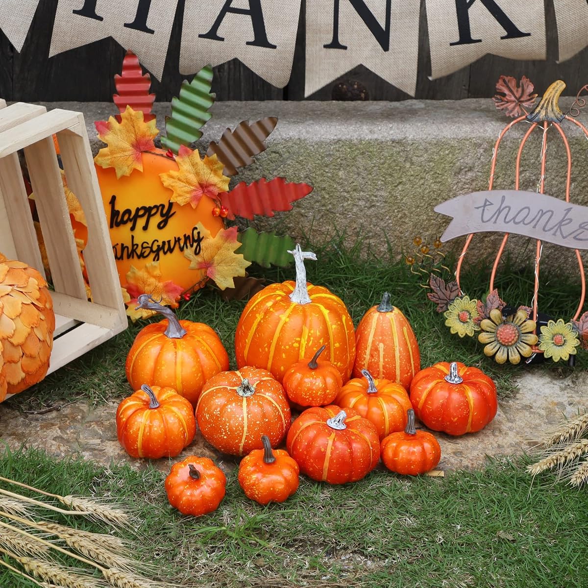 winemana 12 Pcs Orange Pumpkins Halloween Decor Indoor Artificial Pumpkins Fall Decor, Thanksgiving Decorations Harvest Autumn Decor, Fall Decorations for Home Kitchen Table Mantle Wedding Party - 细节图 3