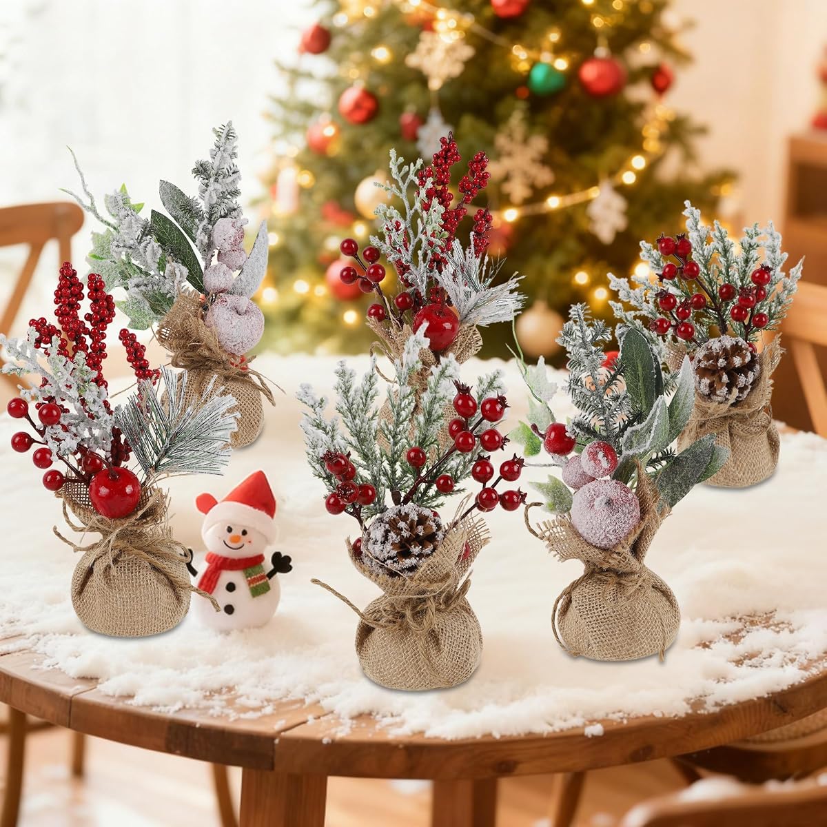 winemana 6 Pcs Mini Christmas Tree Table Decorations, 9" Small Artificial Trees with Red Berries Pine Cone Tabletop Centerpiece for Home Office Room Holiday Decorations - imagen de detalle 3